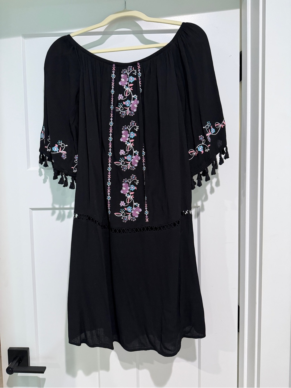 LOVE FIRE Black Embroidered Off-Shoulder Dress with Tassel Trim-Size M